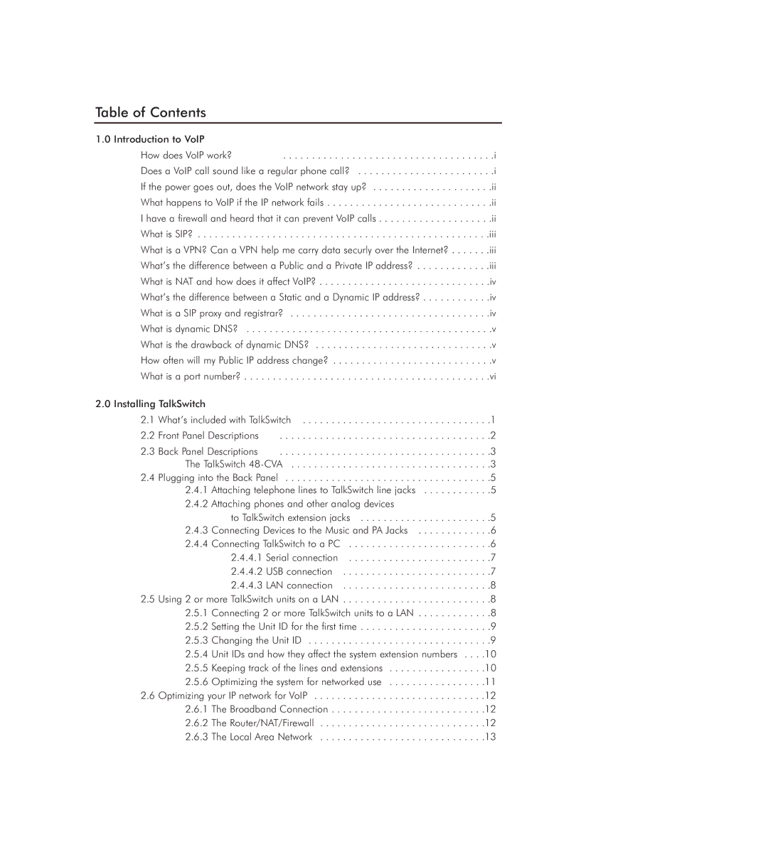 Talkswitch 48-CVA manual Table of Contents 