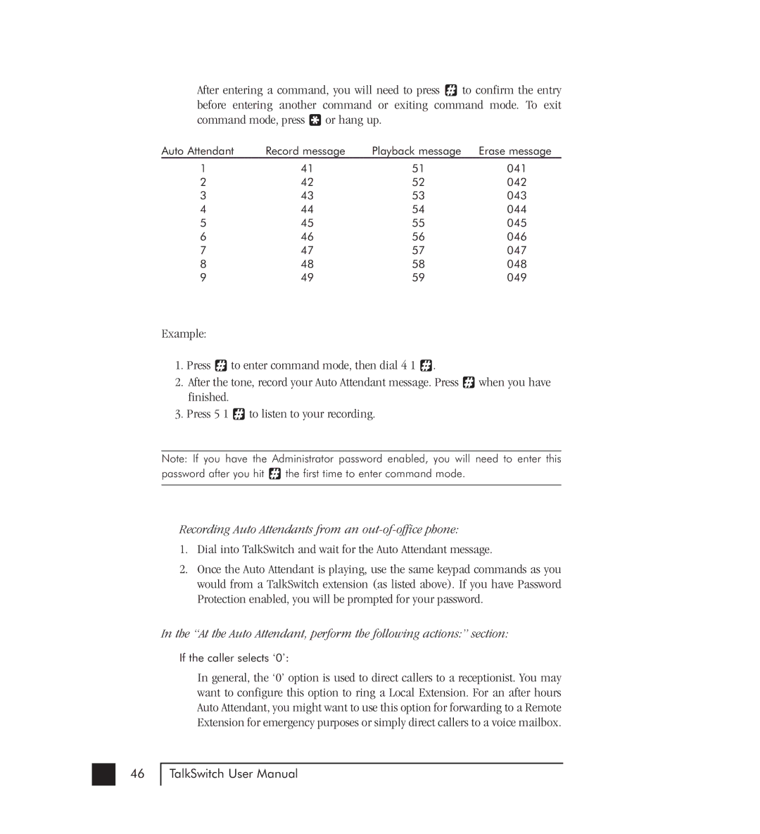 Talkswitch 48-CVA manual Recording Auto Attendants from an out-of-office phone 