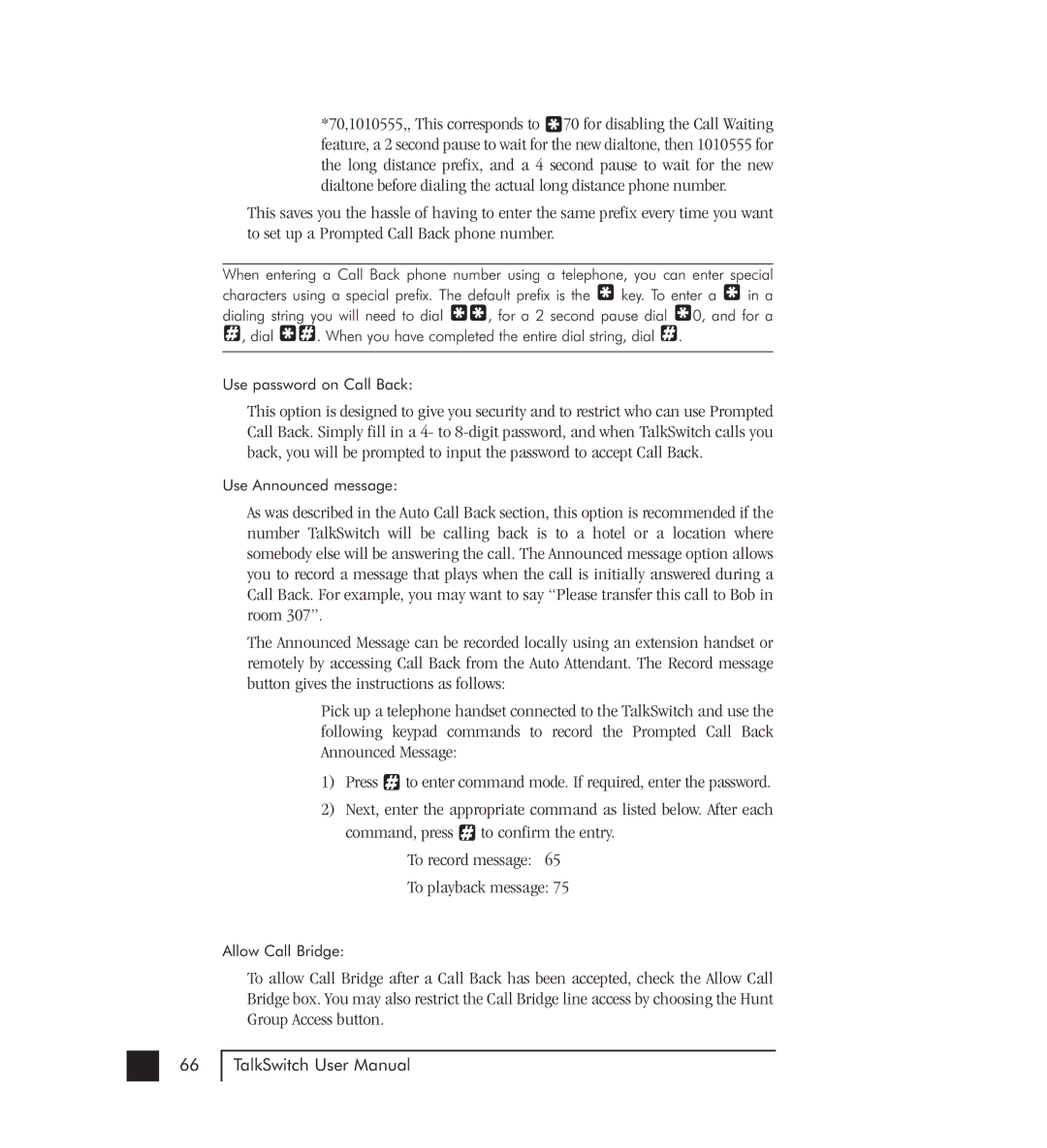 Talkswitch 48-CVA manual Use Announced message 