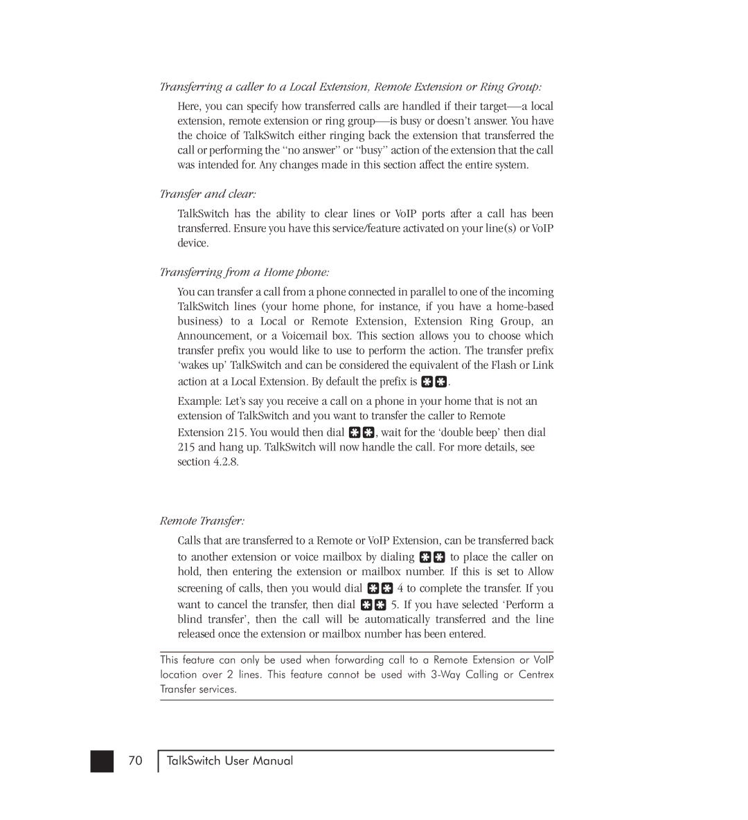 Talkswitch 48-CVA manual Transfer and clear, Transferring from a Home phone, Remote Transfer 