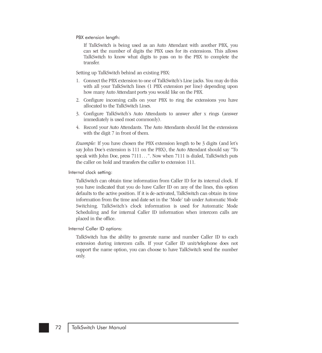 Talkswitch 48-CVA manual PBX extension length 