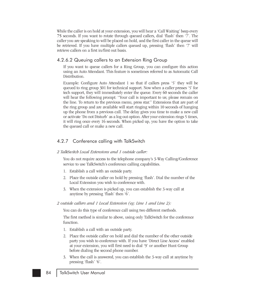 Talkswitch 48-CVA manual Queuing callers to an Extension Ring Group, Conference calling with TalkSwitch 