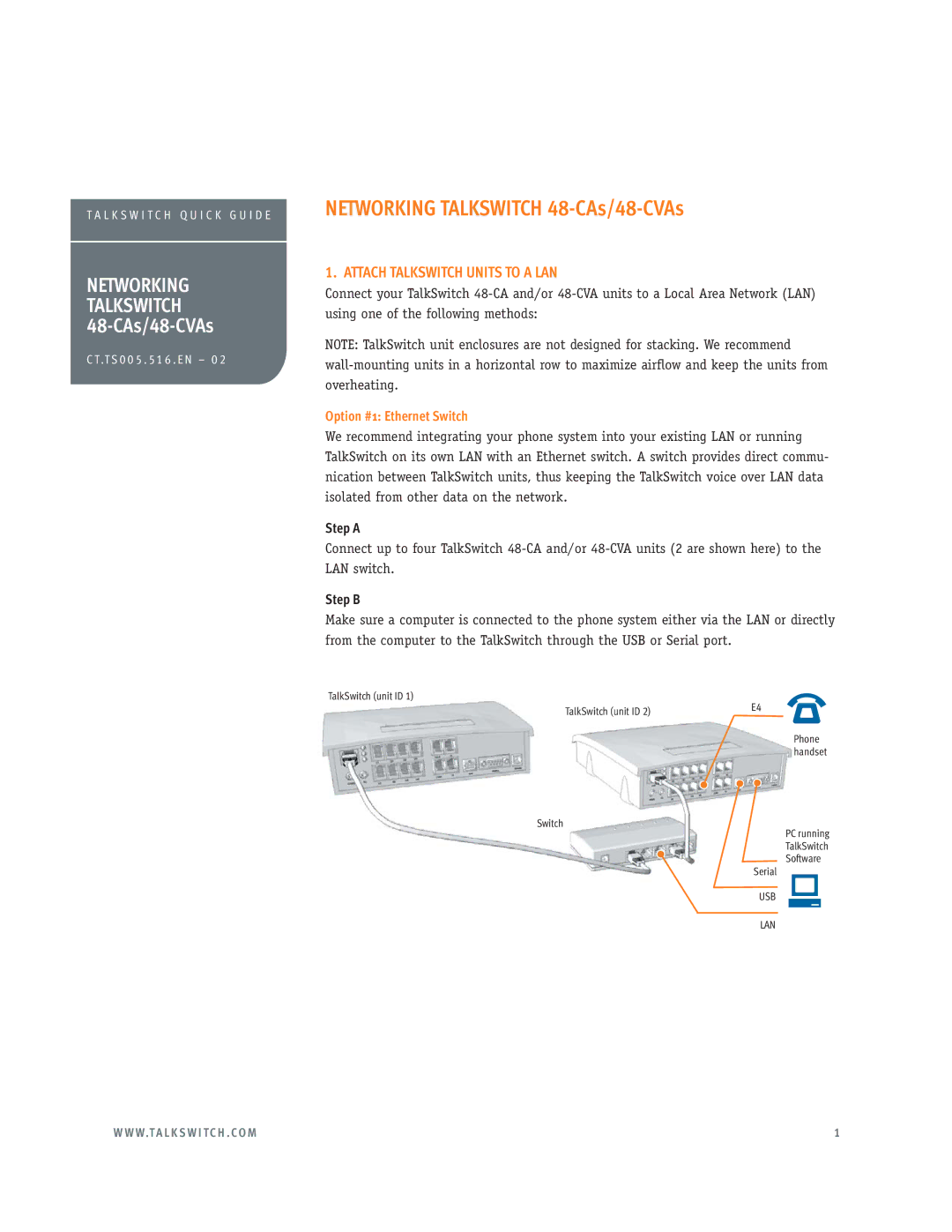 Talkswitch 48-CAS, 48-CVAS manual Attach Talkswitch Units to a LAN, Option #1 Ethernet Switch, Step a, Step B 