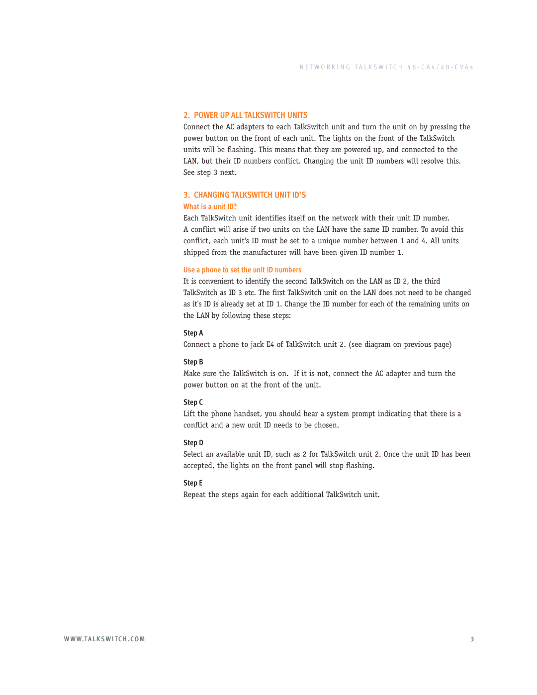 Talkswitch 48-CAS, 48-CVAS manual Power UP ALL Talkswitch Units, Changing Talkswitch Unit ID’S, What is a unit ID? 