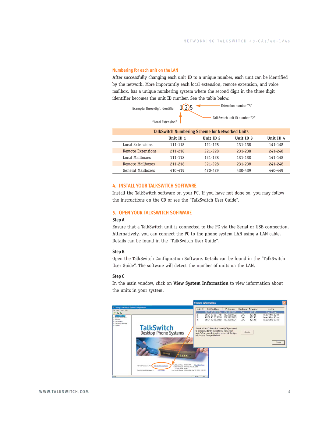 Talkswitch 48-CVAS Install Your Talkswitch Software, Open Your Talkswitch Software, Numbering for each unit on the LAN 