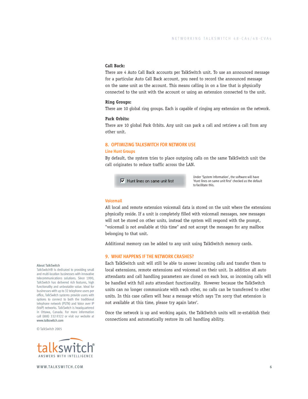 Talkswitch 48-CVAS, 48-CAS Optimizing Talkswitch for Network USE, What Happens if the Network CRASHES?, Line Hunt Groups 