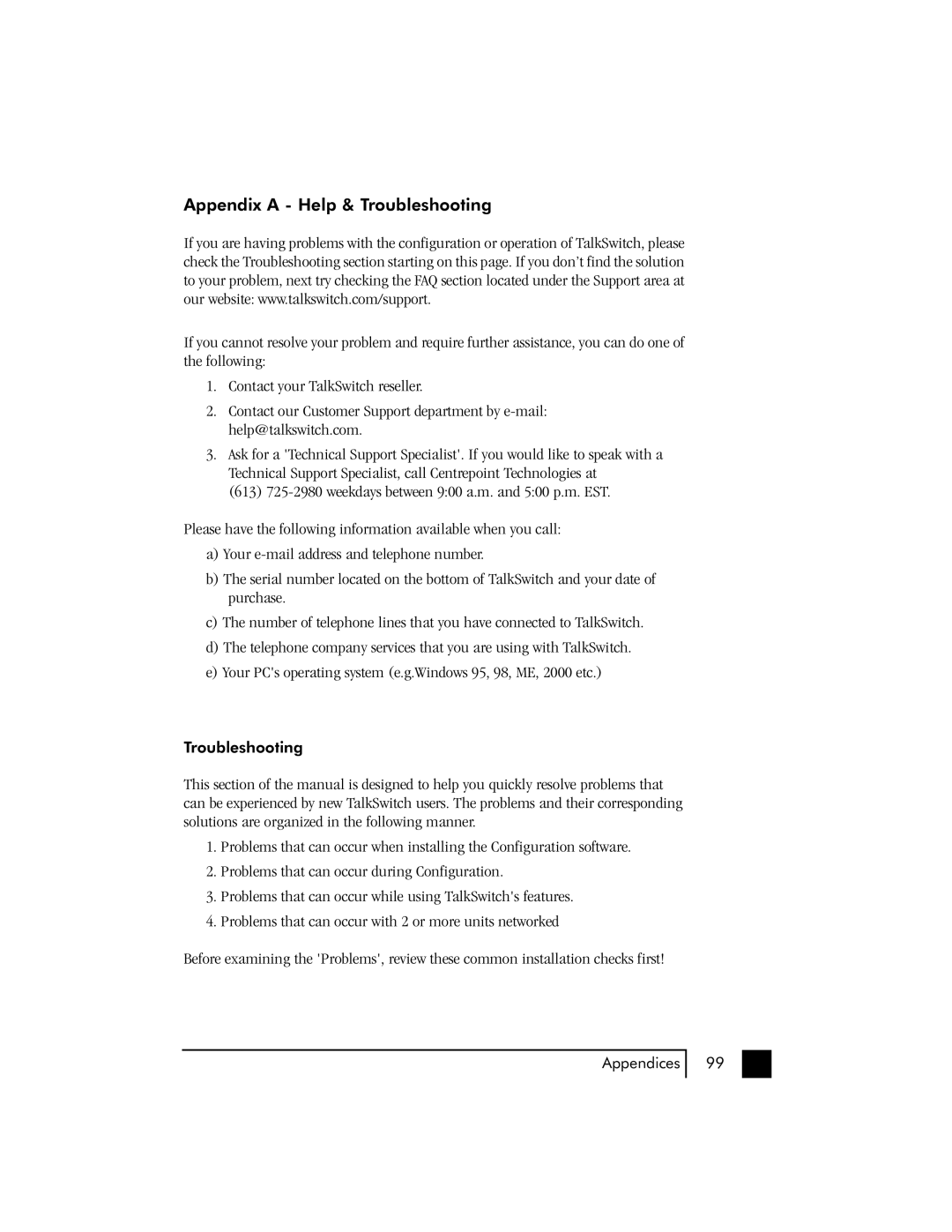 Talkswitch 48 user manual Appendix a Help & Troubleshooting 