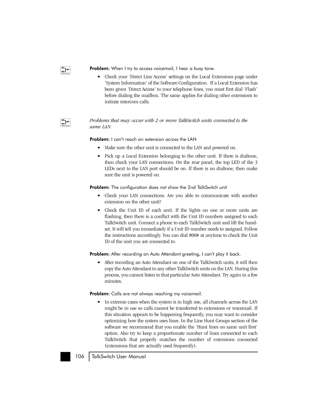 Talkswitch 48 user manual Problem When I try to access voicemail, I hear a busy tone 