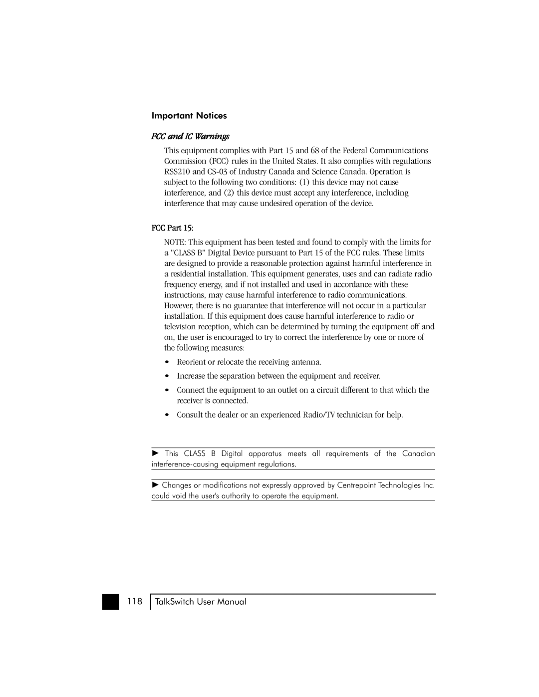 Talkswitch 48 user manual FCC and IC Warnings 