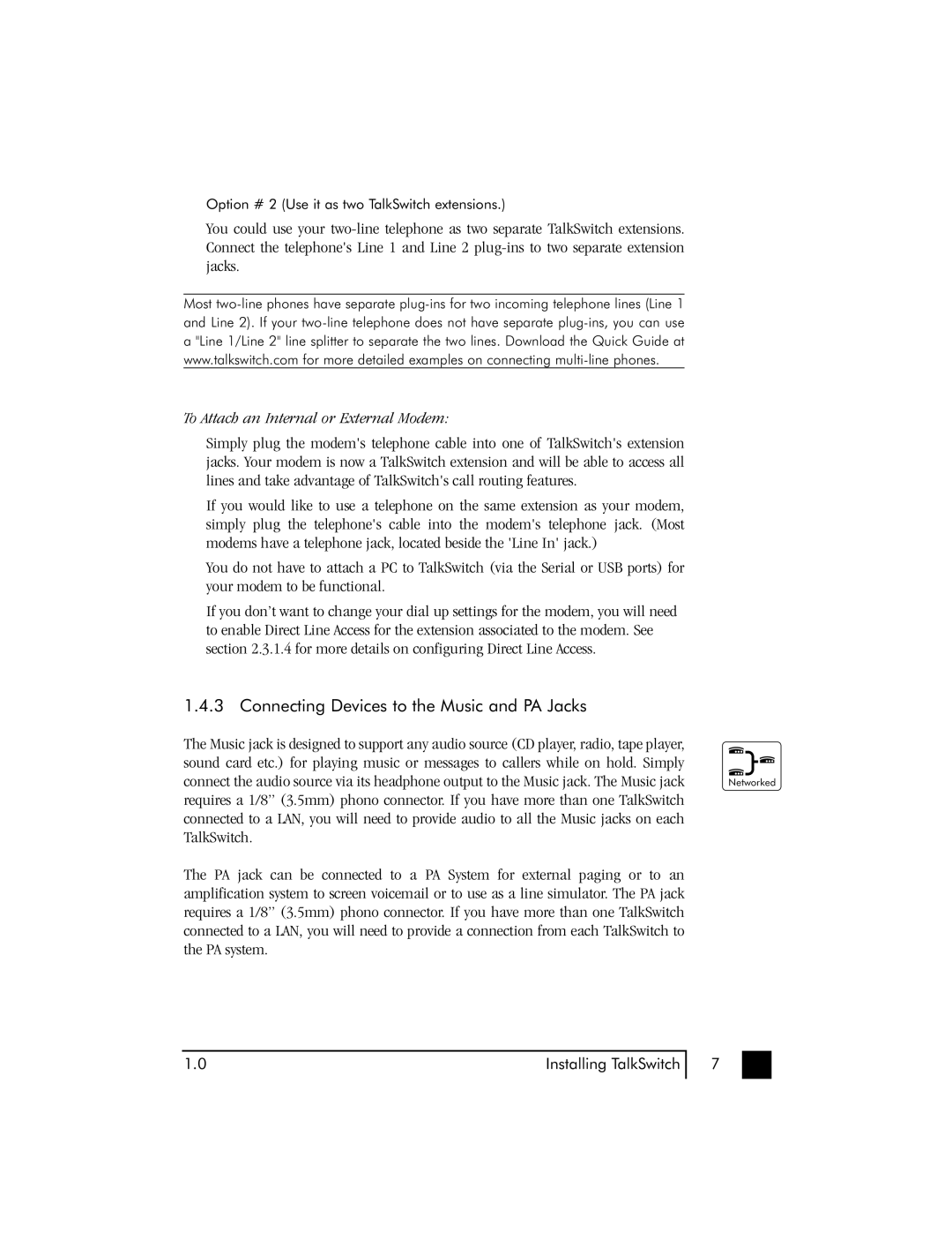 Talkswitch 48 user manual Connecting Devices to the Music and PA Jacks, To Attach an Internal or External Modem 