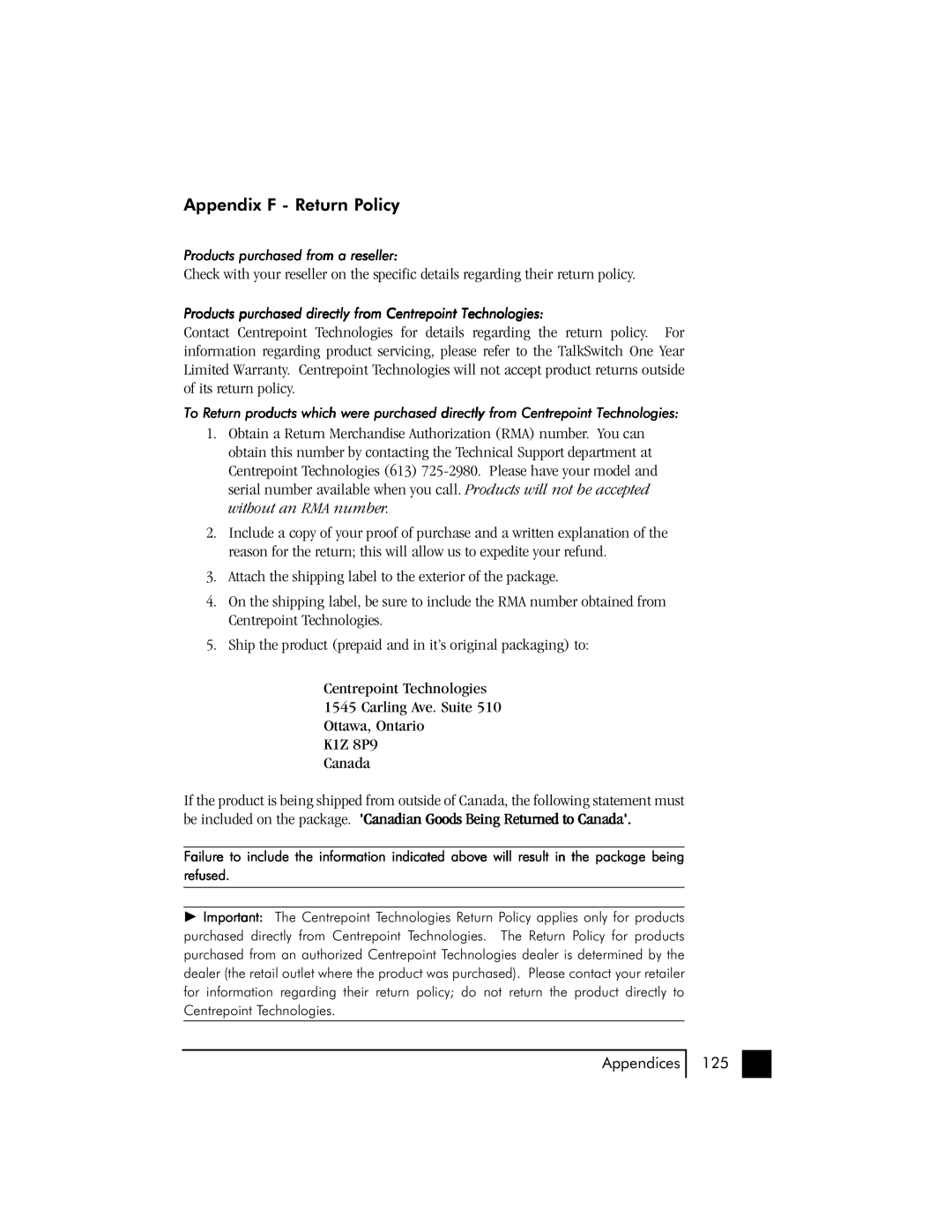 Talkswitch 48 user manual Appendix F Return Policy 