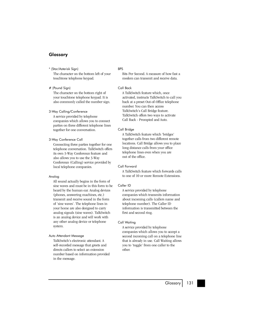 Talkswitch 48 user manual Glossary 131 