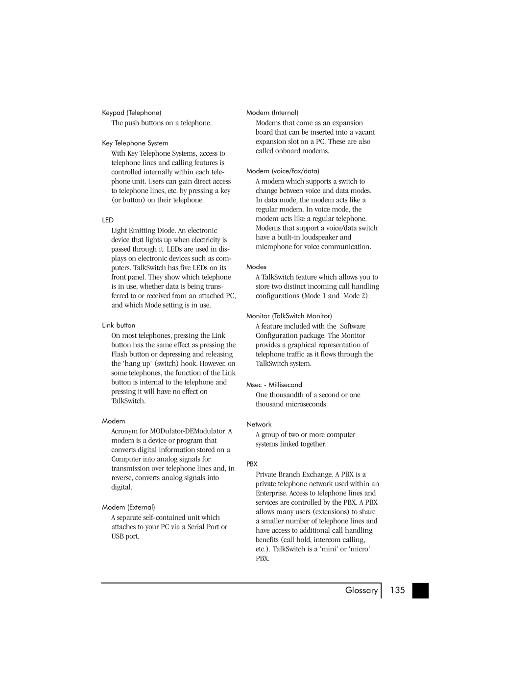 Talkswitch 48 user manual Glossary 135 