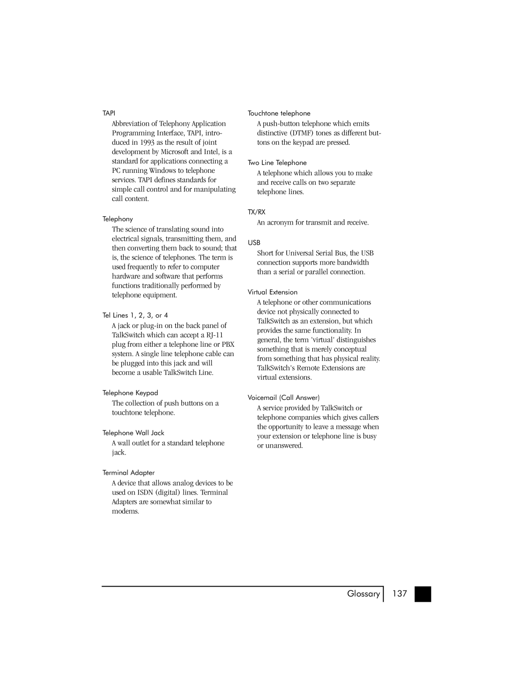 Talkswitch 48 user manual Glossary 137 