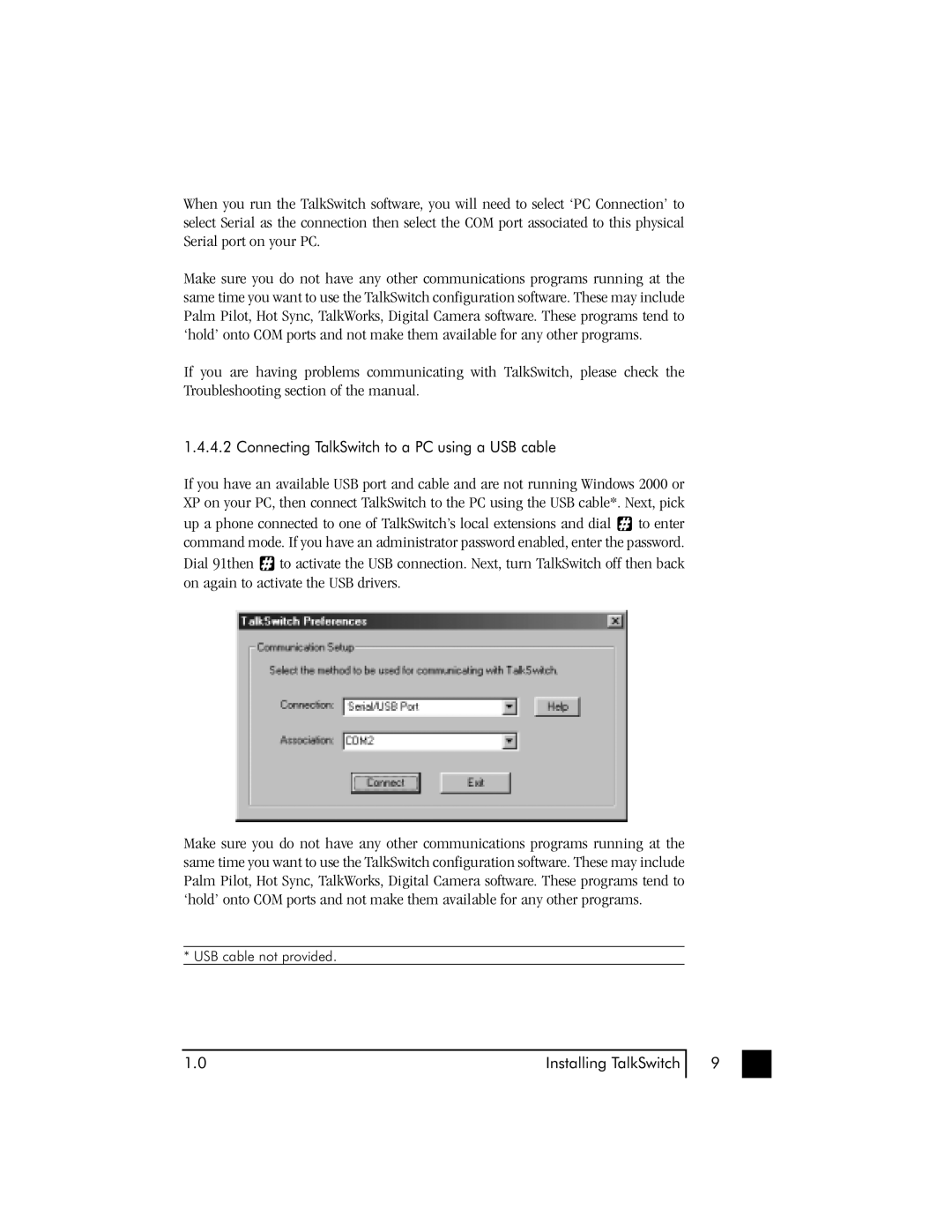 Talkswitch 48 user manual Connecting TalkSwitch to a PC using a USB cable 