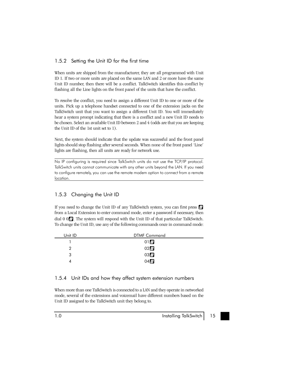 Talkswitch 48 user manual Setting the Unit ID for the first time, Changing the Unit ID 