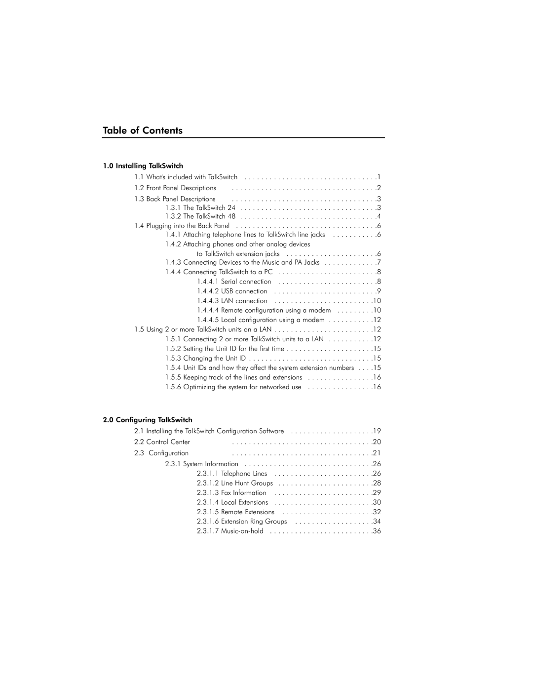 Talkswitch 48 user manual Table of Contents 