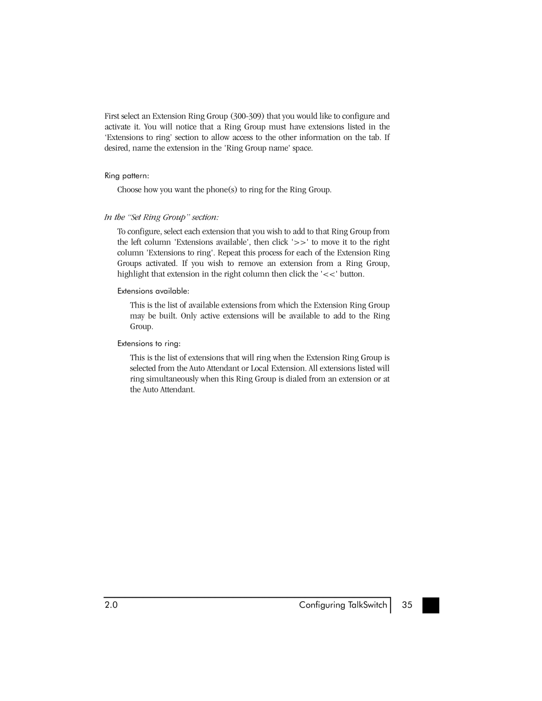 Talkswitch 48 user manual Set Ring Group section 