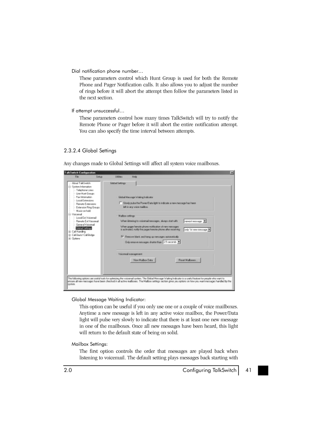 Talkswitch 48 user manual Global Settings 