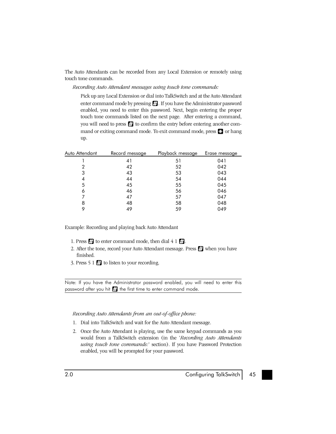 Talkswitch 48 user manual Recording Auto Attendant messages using touch tone commands 