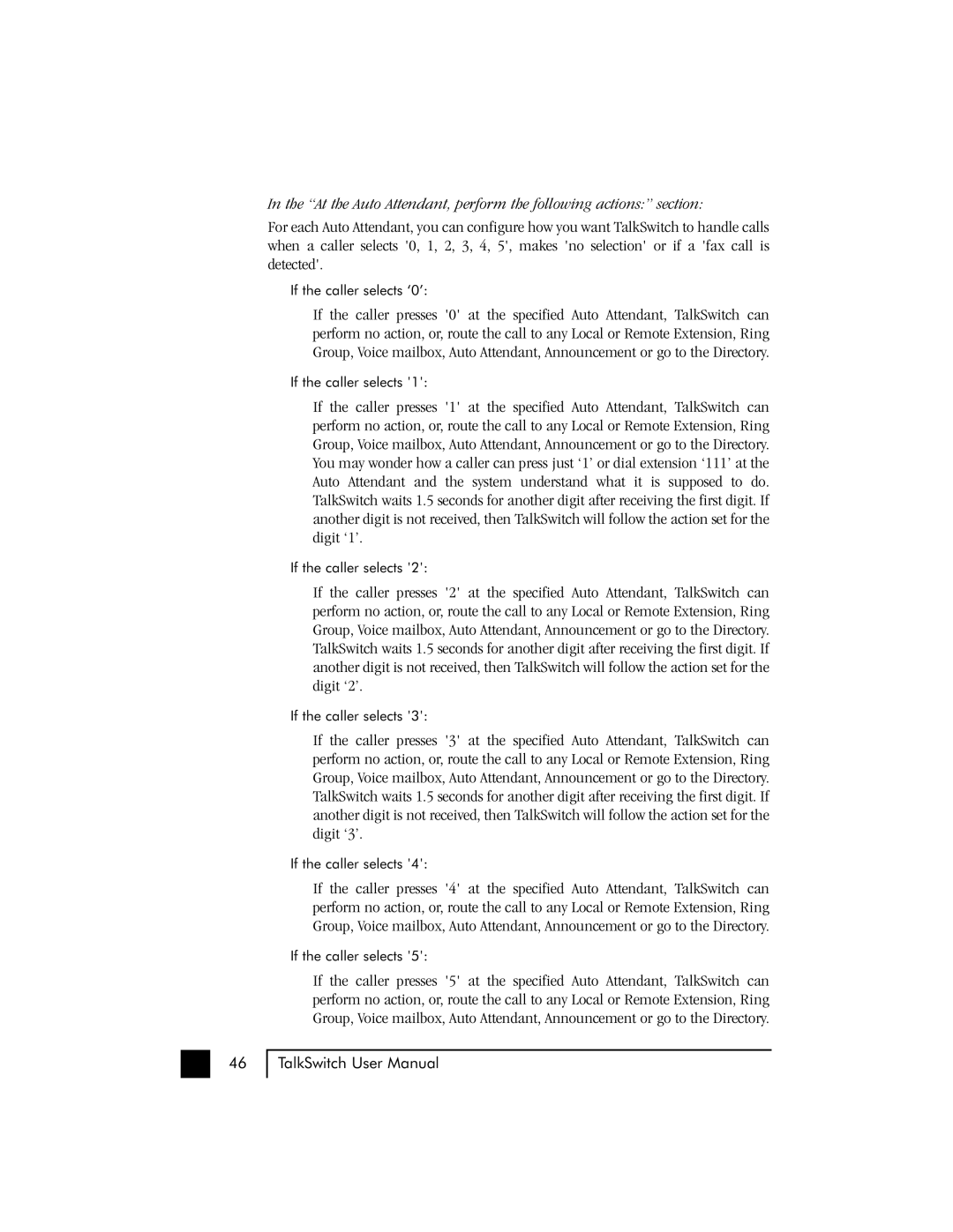 Talkswitch 48 user manual At the Auto Attendant, perform the following actions section 