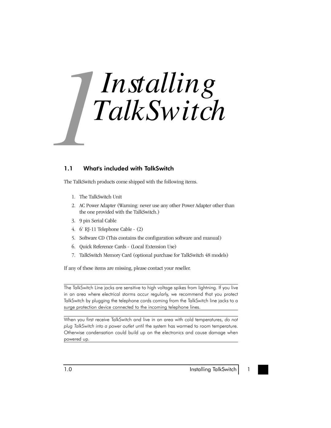 Talkswitch 48 user manual 1Installing TalkSwitch, Whats included with TalkSwitch 