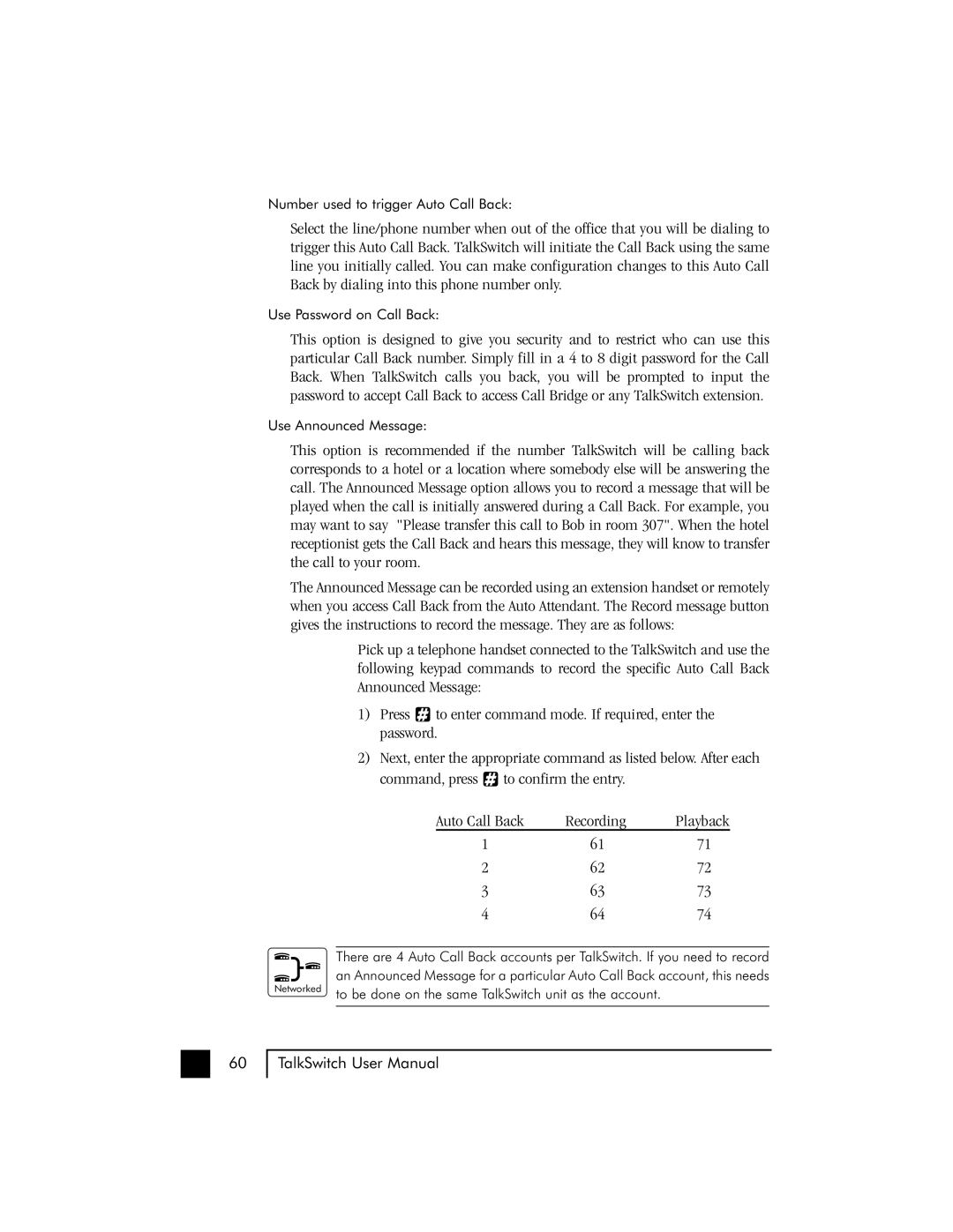 Talkswitch 48 user manual Number used to trigger Auto Call Back 