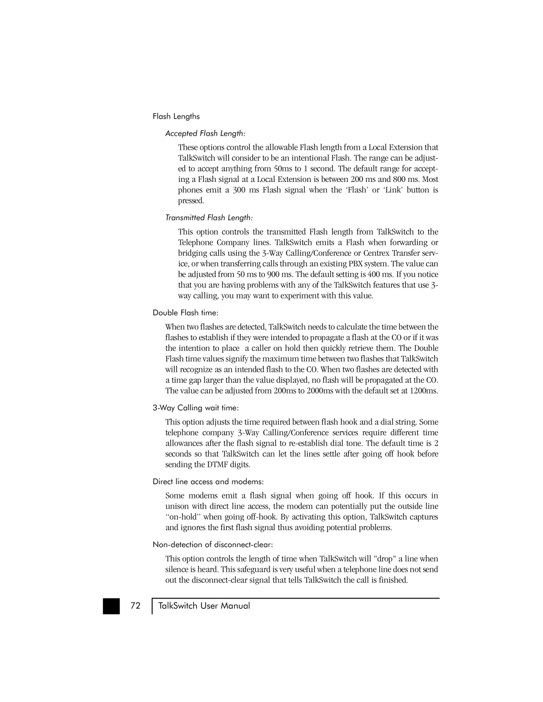 Talkswitch 48 user manual Accepted Flash Length 