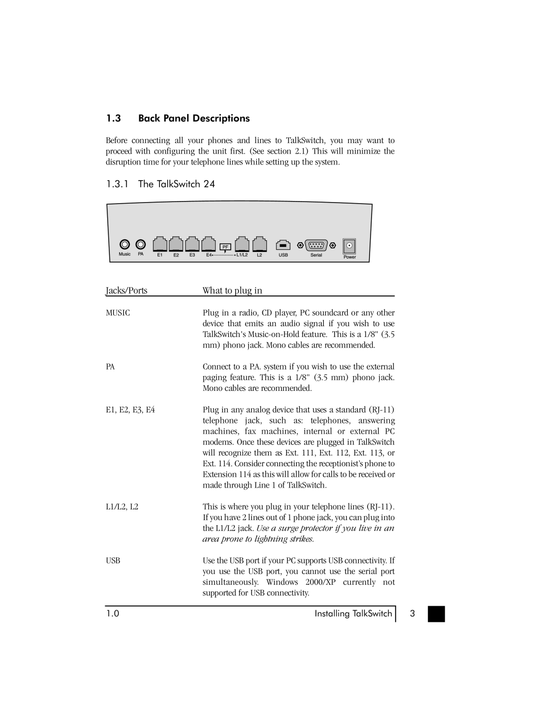 Talkswitch 48 user manual Back Panel Descriptions, TalkSwitch 