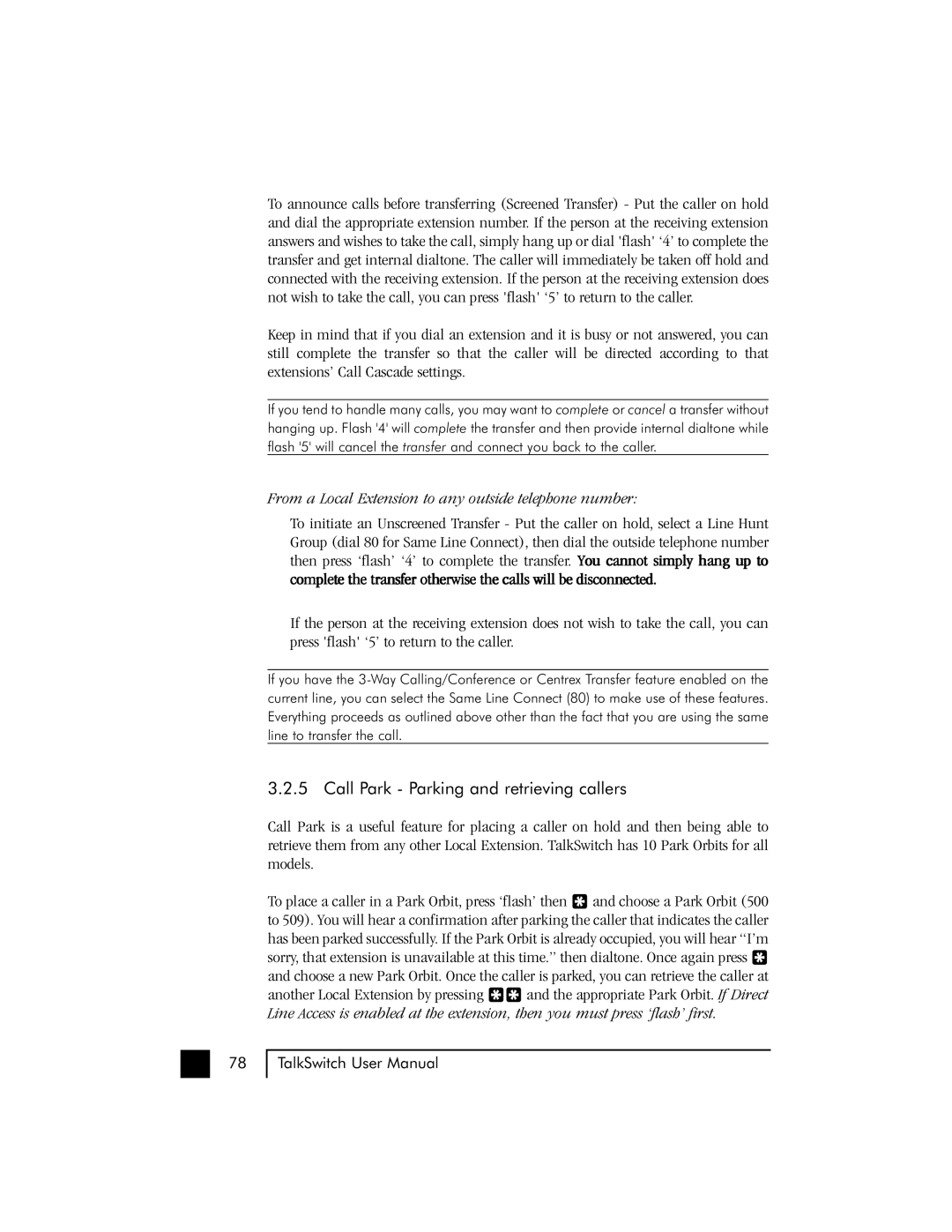 Talkswitch 48 user manual Call Park Parking and retrieving callers, From a Local Extension to any outside telephone number 