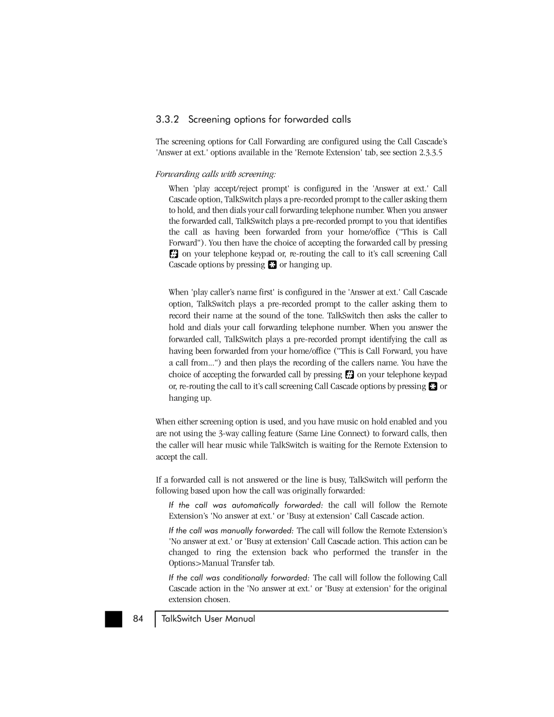 Talkswitch 48 user manual Screening options for forwarded calls, Forwarding calls with screening 