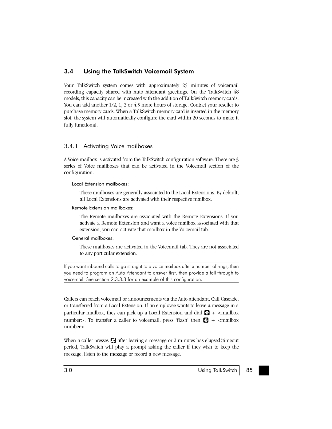 Talkswitch 48 user manual Using the TalkSwitch Voicemail System, Activating Voice mailboxes 