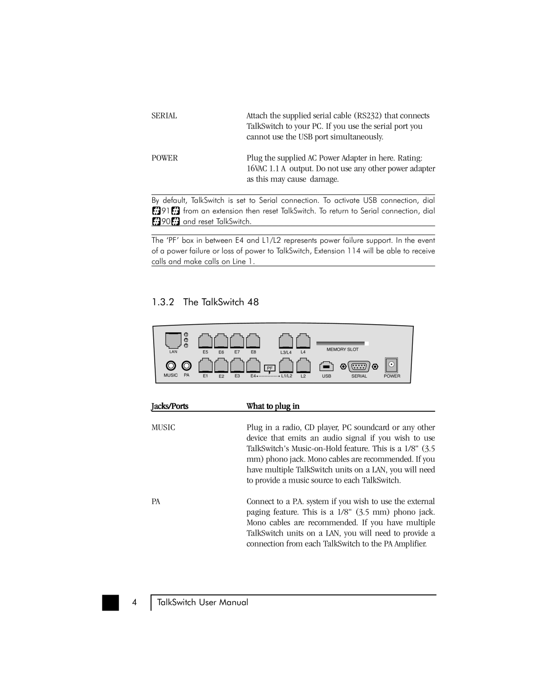 Talkswitch 48 user manual Jacks/Ports What to plug 