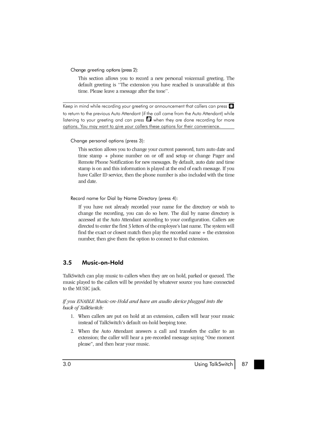 Talkswitch 48 user manual Music-on-Hold 