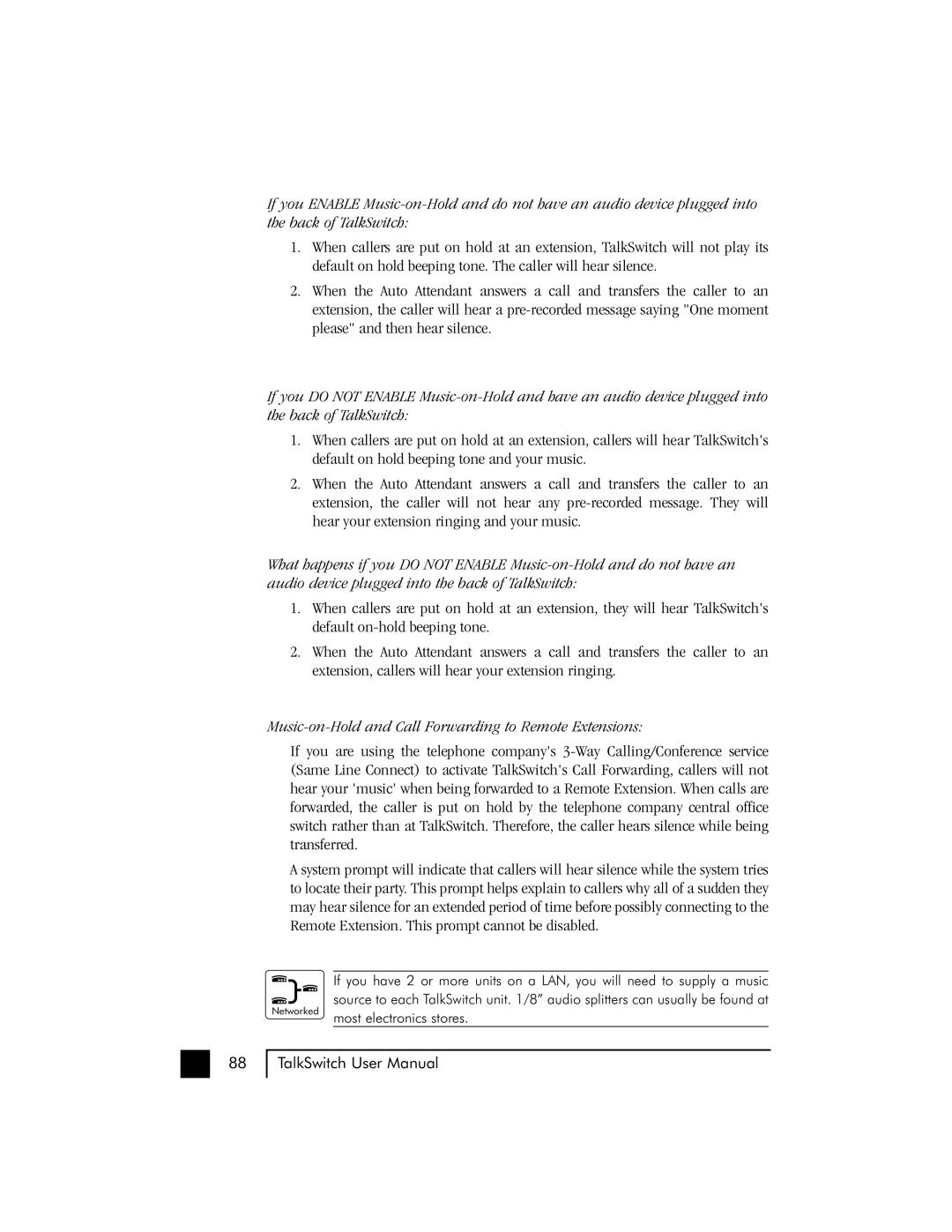 Talkswitch 48 user manual Music-on-Hold and Call Forwarding to Remote Extensions 