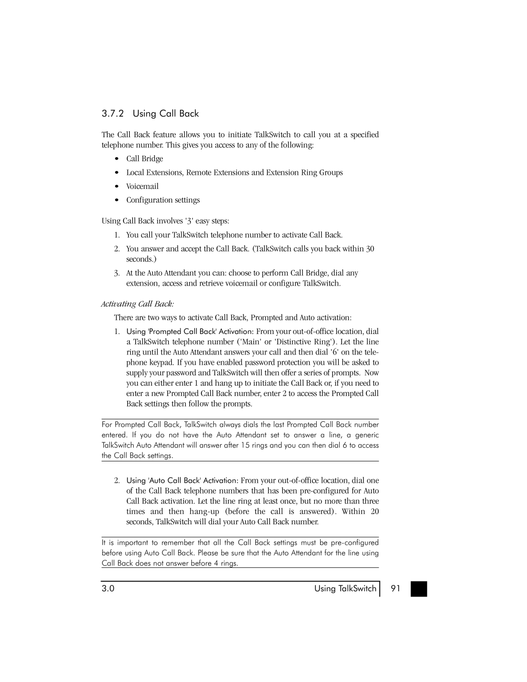 Talkswitch 48 user manual Using Call Back, Activating Call Back 