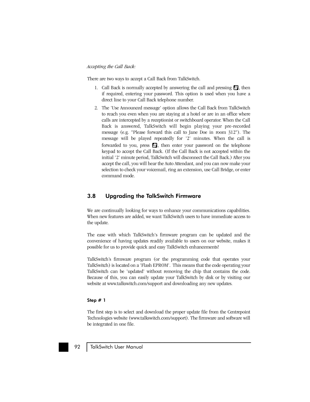 Talkswitch 48 user manual Upgrading the TalkSwitch Firmware, Accepting the Call Back 