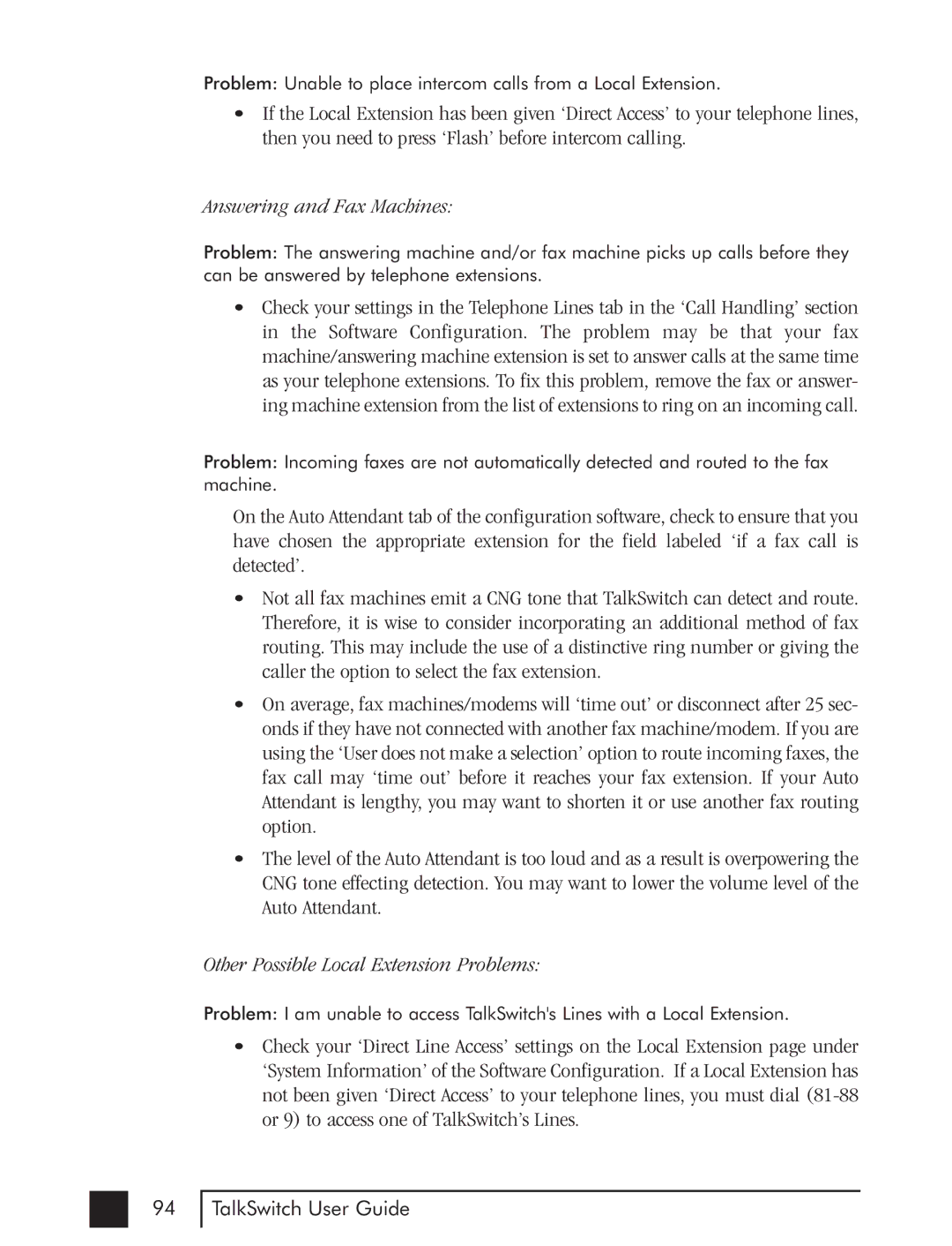 Talkswitch CTTS001021001 manual Answering and Fax Machines, Other Possible Local Extension Problems 