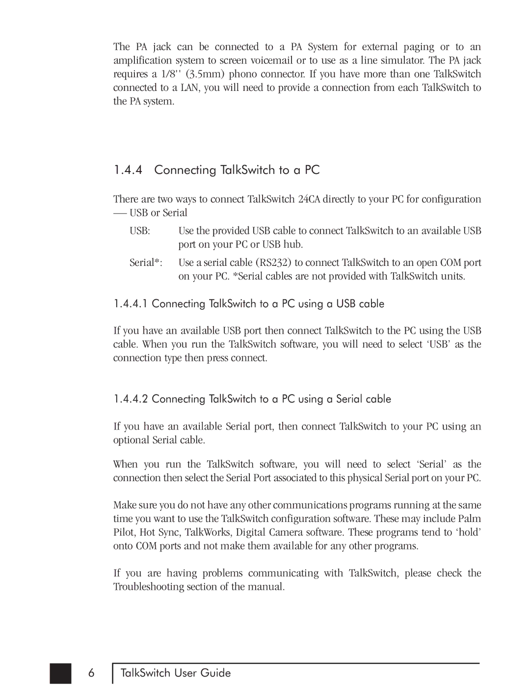 Talkswitch CTTS001021001 manual Connecting TalkSwitch to a PC 