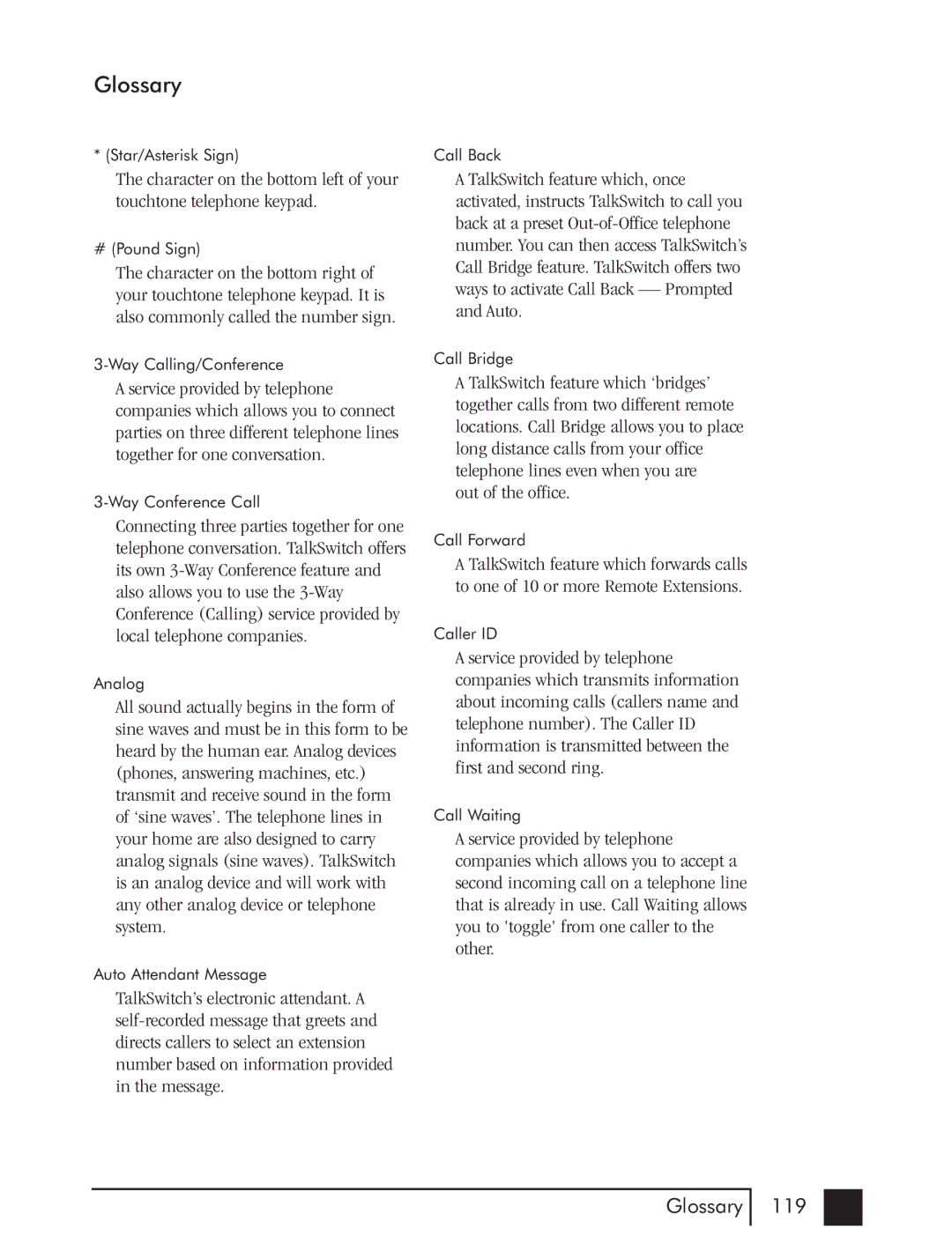 Talkswitch CTTS001021001 manual Glossary 119 