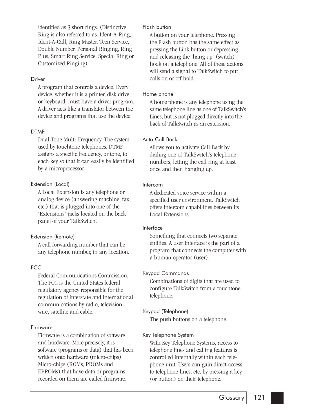 Talkswitch CTTS001021001 manual Glossary 121 