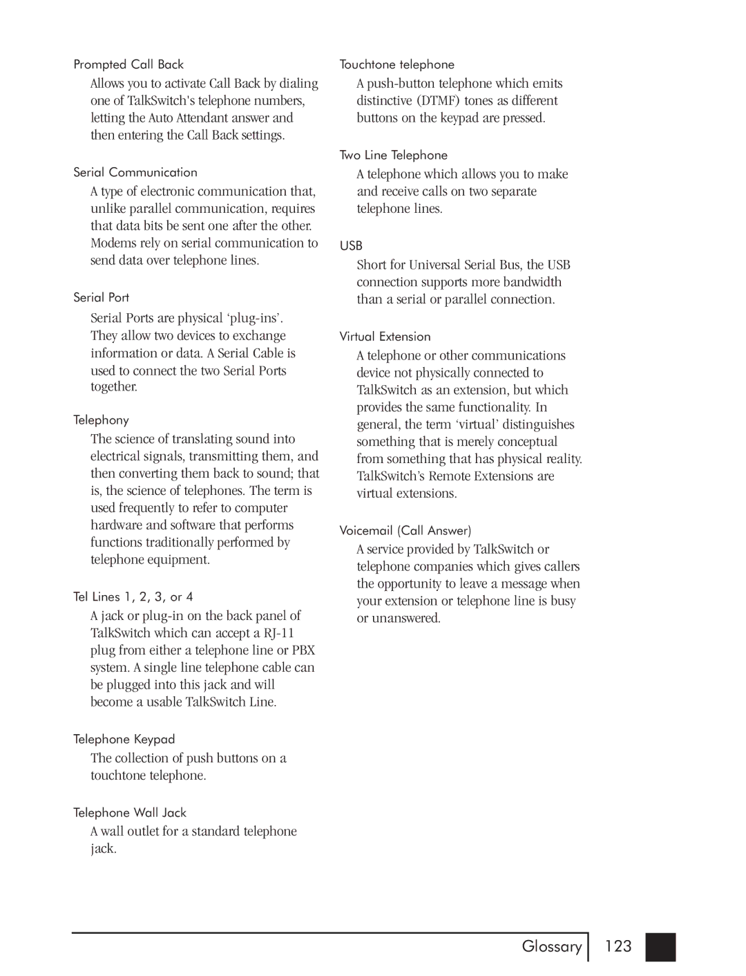 Talkswitch CTTS001021001 manual Glossary 123 