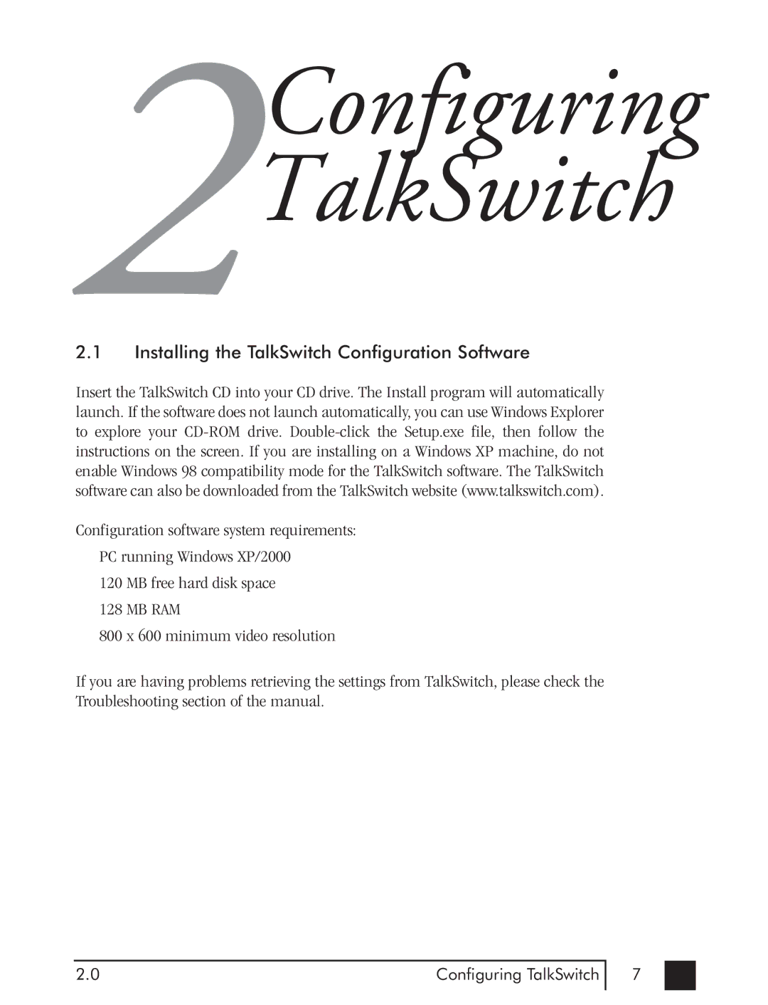 Talkswitch CTTS001021001 manual 2Configuring TalkSwitch, Installing the TalkSwitch Configuration Software 