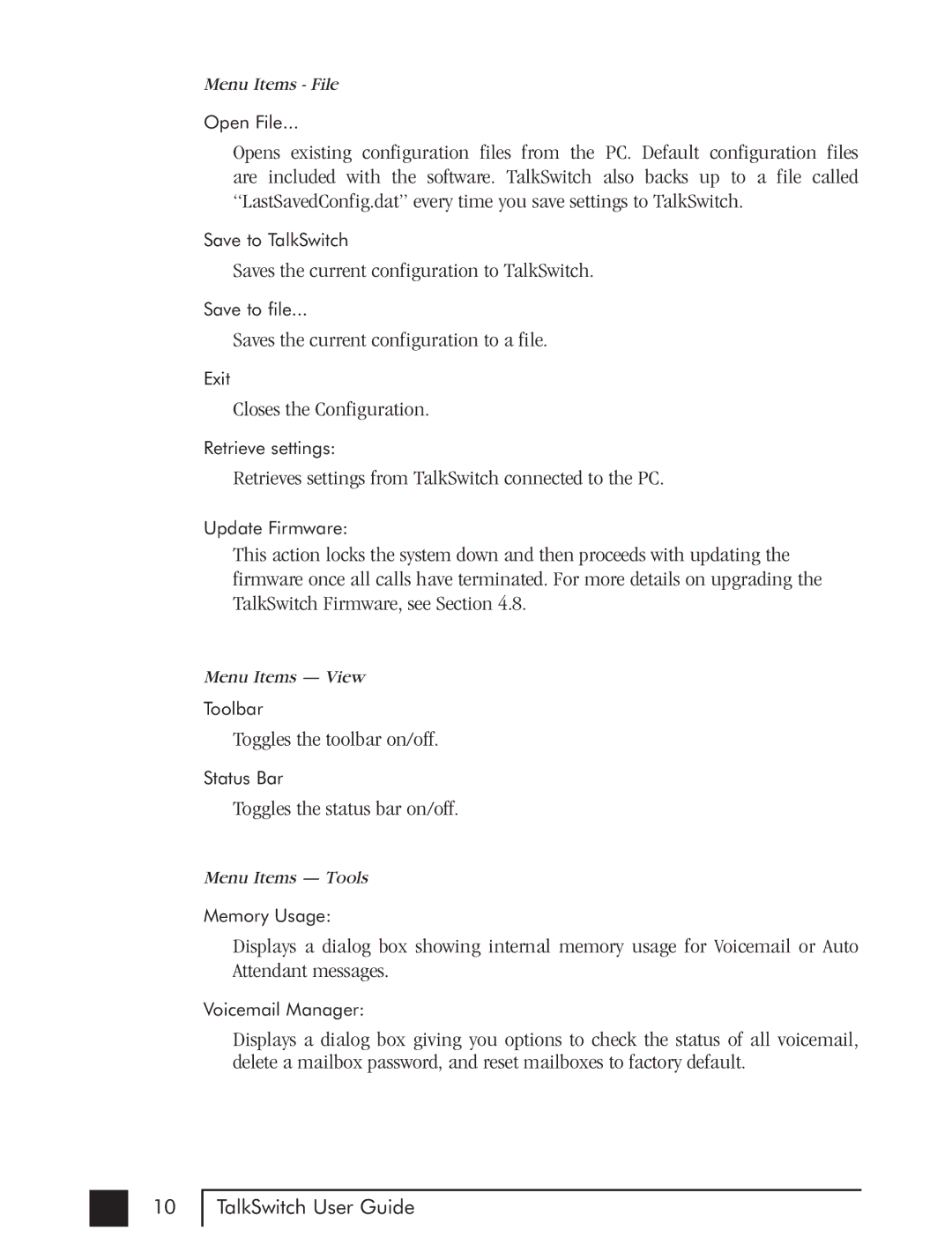 Talkswitch CTTS001021001 manual Saves the current configuration to TalkSwitch 