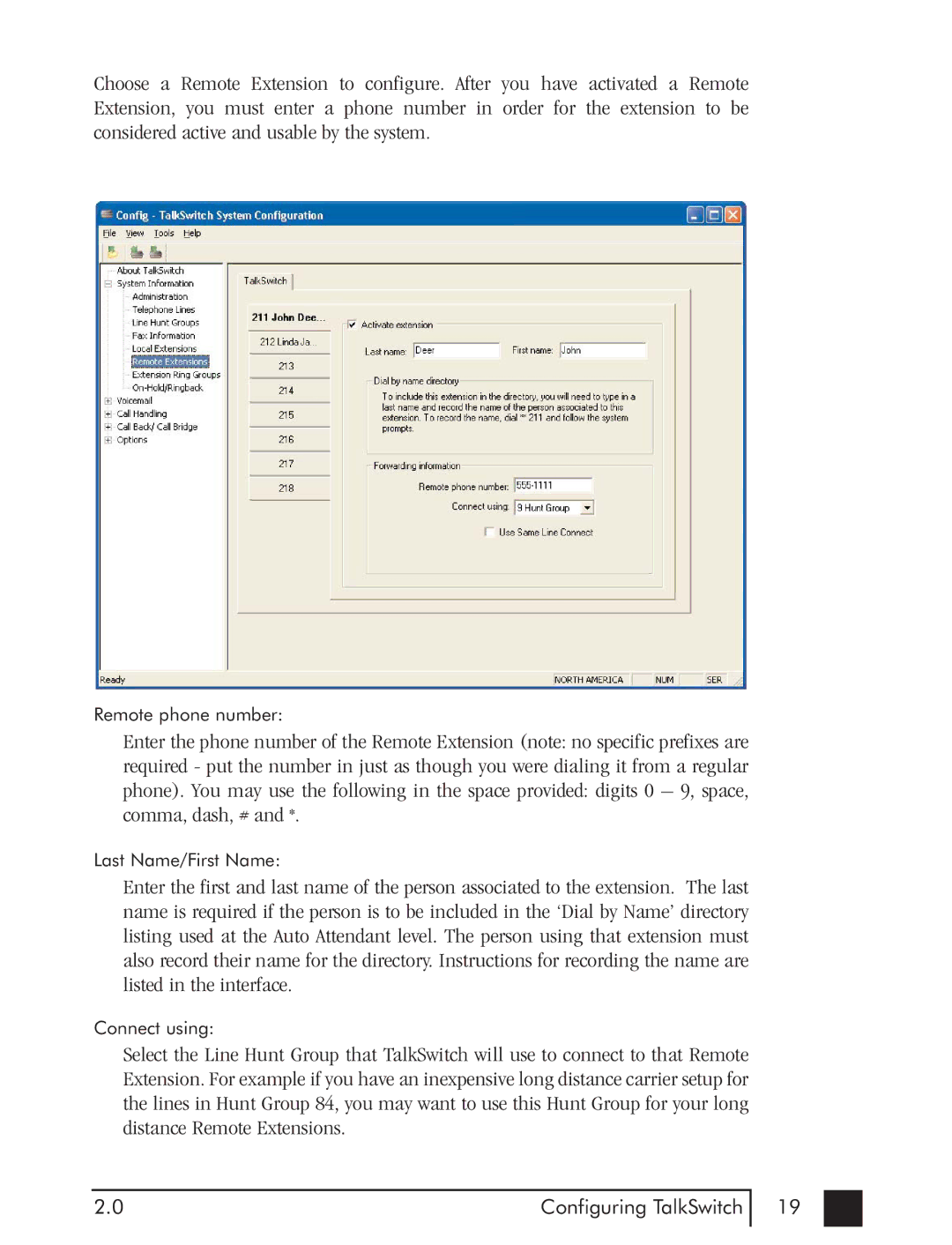 Talkswitch CTTS001021001 manual Remote phone number 