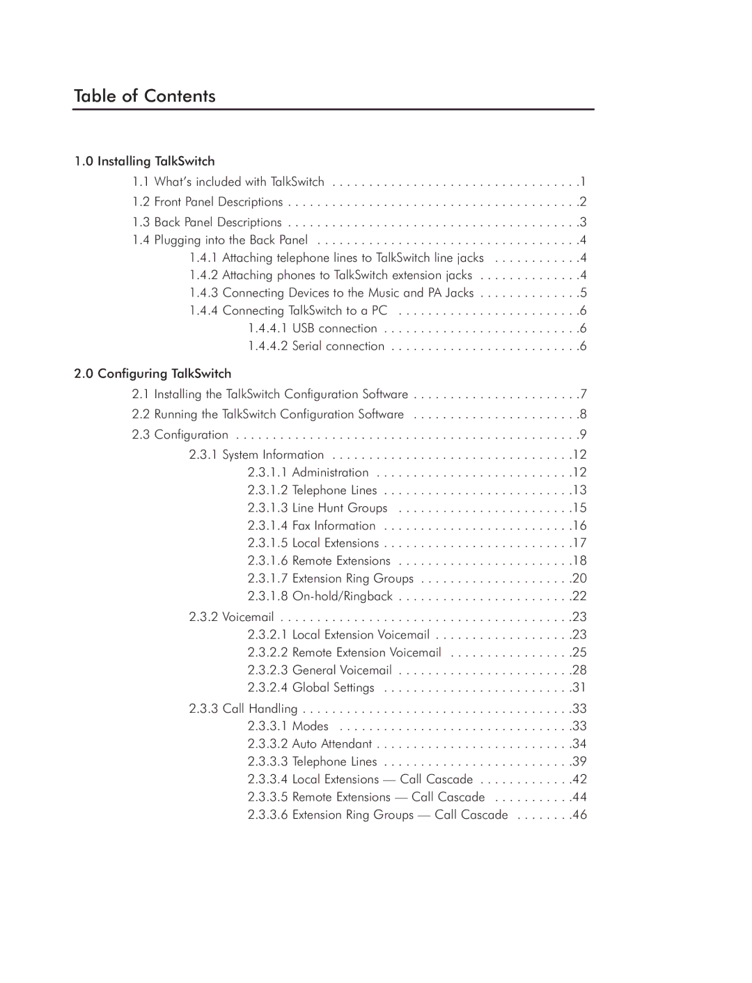 Talkswitch CTTS001021001 manual Table of Contents 