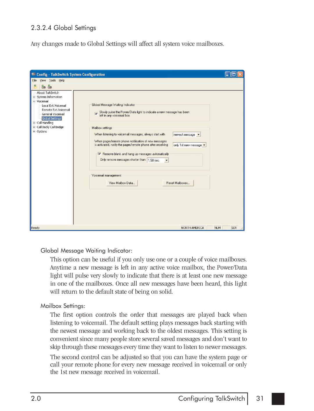 Talkswitch CTTS001021001 manual Global Settings 