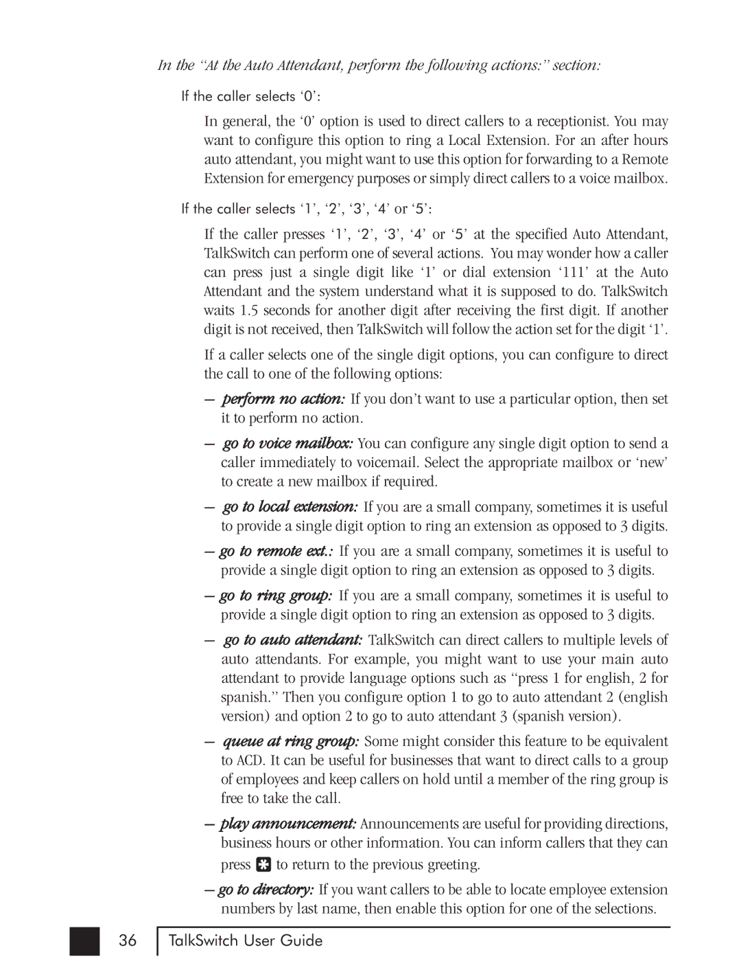 Talkswitch CTTS001021001 manual At the Auto Attendant, perform the following actions section 