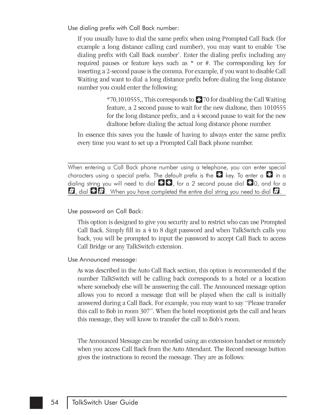 Talkswitch CTTS001021001 manual Use dialing prefix with Call Back number 