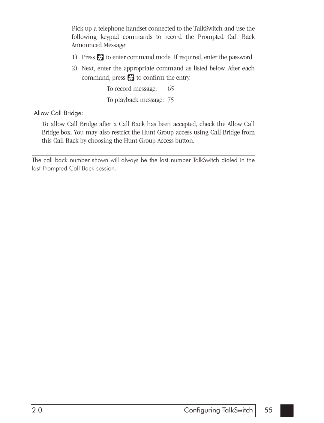 Talkswitch CTTS001021001 manual Allow Call Bridge 